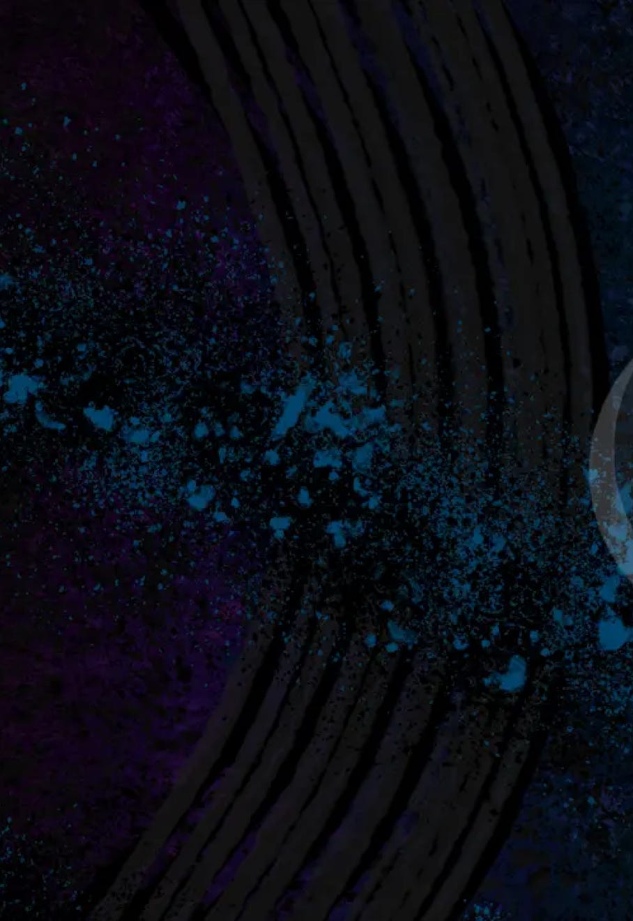 “Rings” JJ Ashton - Digital, mixed media, abstract paining in blue, black, grays, purple, and green. This one made me think of a treacherous drive through the mountains during a blizzard. 