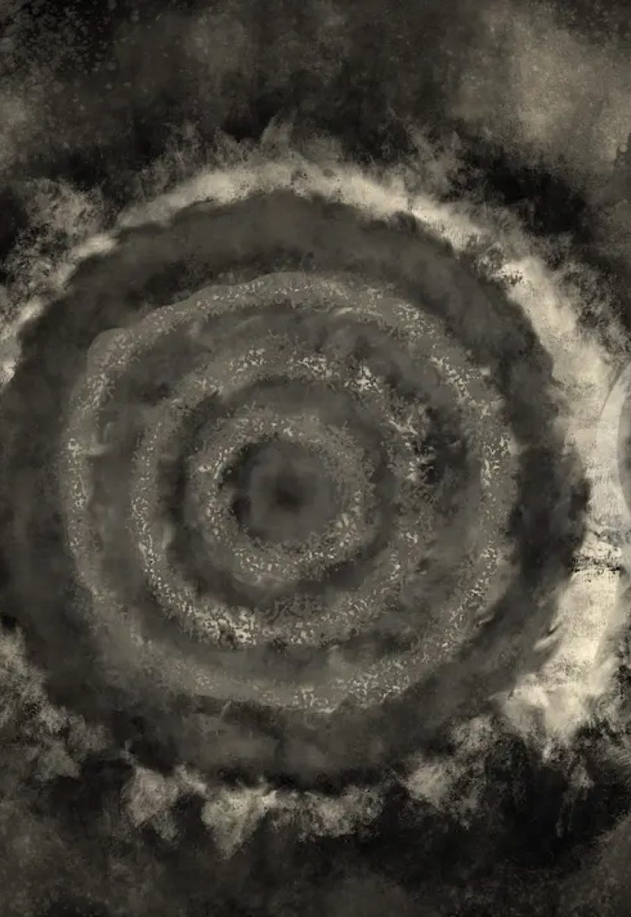 “Perimeter” by JJ Ashton - Digital, mixed media, abstract painting with neutral shades. This always reminded me of a target, or a spot hit with an explosive, but as it was for my mother who inspired the colors, I went with a more neutral name to fit the neutral colors. 