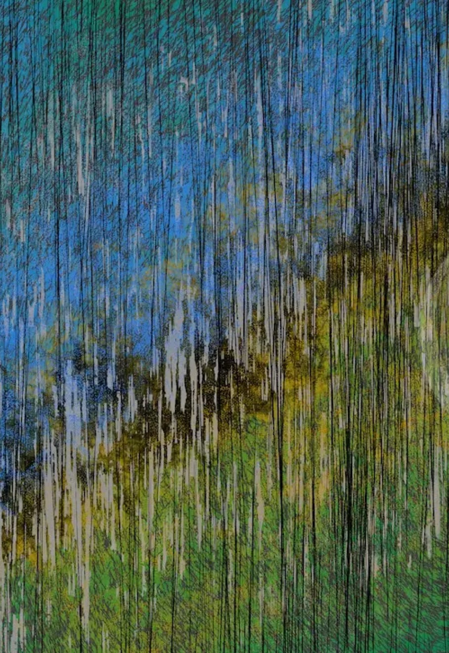 “Rift” by JJ Ashton - Digital, mixed media, abstract painting of a rift where sky meets grass on a rainy day in blues, greens, golds, browns, white, gray, and black. 