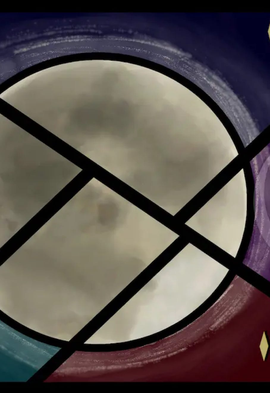 "Stained Moony" by JJ Ashton - Digital, mixed media, stained glass style painting of the moon.