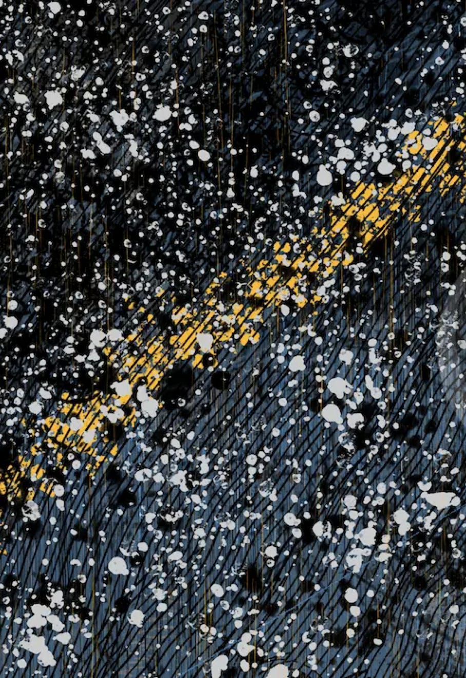 “Stormy Divide” - Digital, mixed media, abstract paining in white, black, grays, yellow, and blue. This one made me think of a treacherous drive through the mountains during a blizzard. 