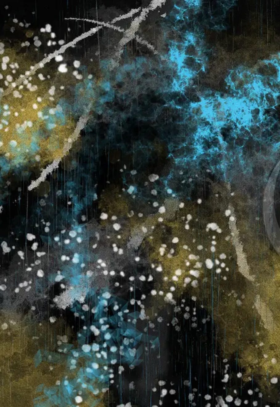 “Bit of Gold” by JJ Ashton - Digital, mixed media, abstract painting in golds, blue, gray, black, and white.
