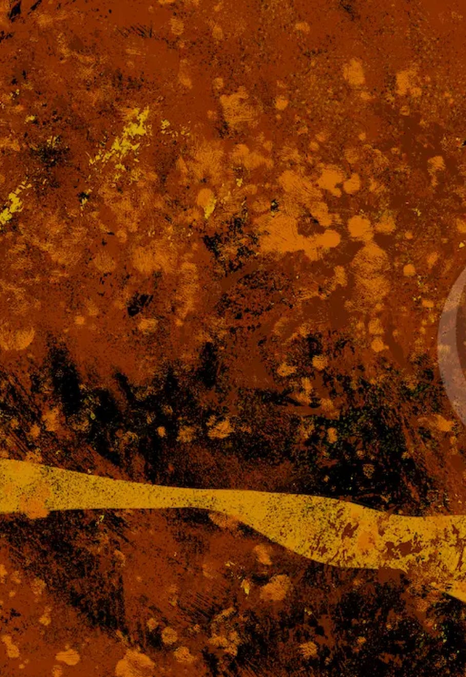 “Ribbons” by JJ Ashton - Digital, mixed media, abstract painting in bold orange’s golds, and black. 