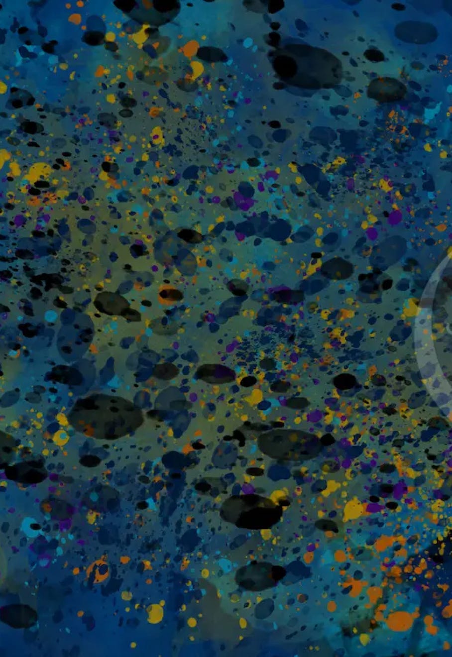 “Spore Cloud” by JJ Ashton - Digital, mixed media, abstract painting in blues, orange’s, golds, and black. 