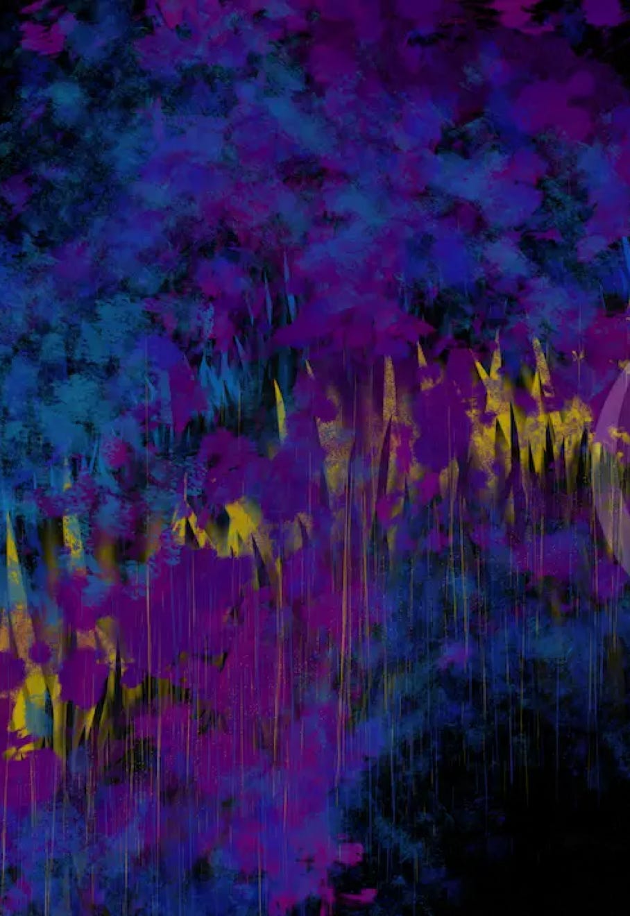 “Pulse” by JJ Ashton - Digital, mixed media, abstract painting which reminded me of a rising pulse in blues, yellow, pinks, purples, gray, and black. 
