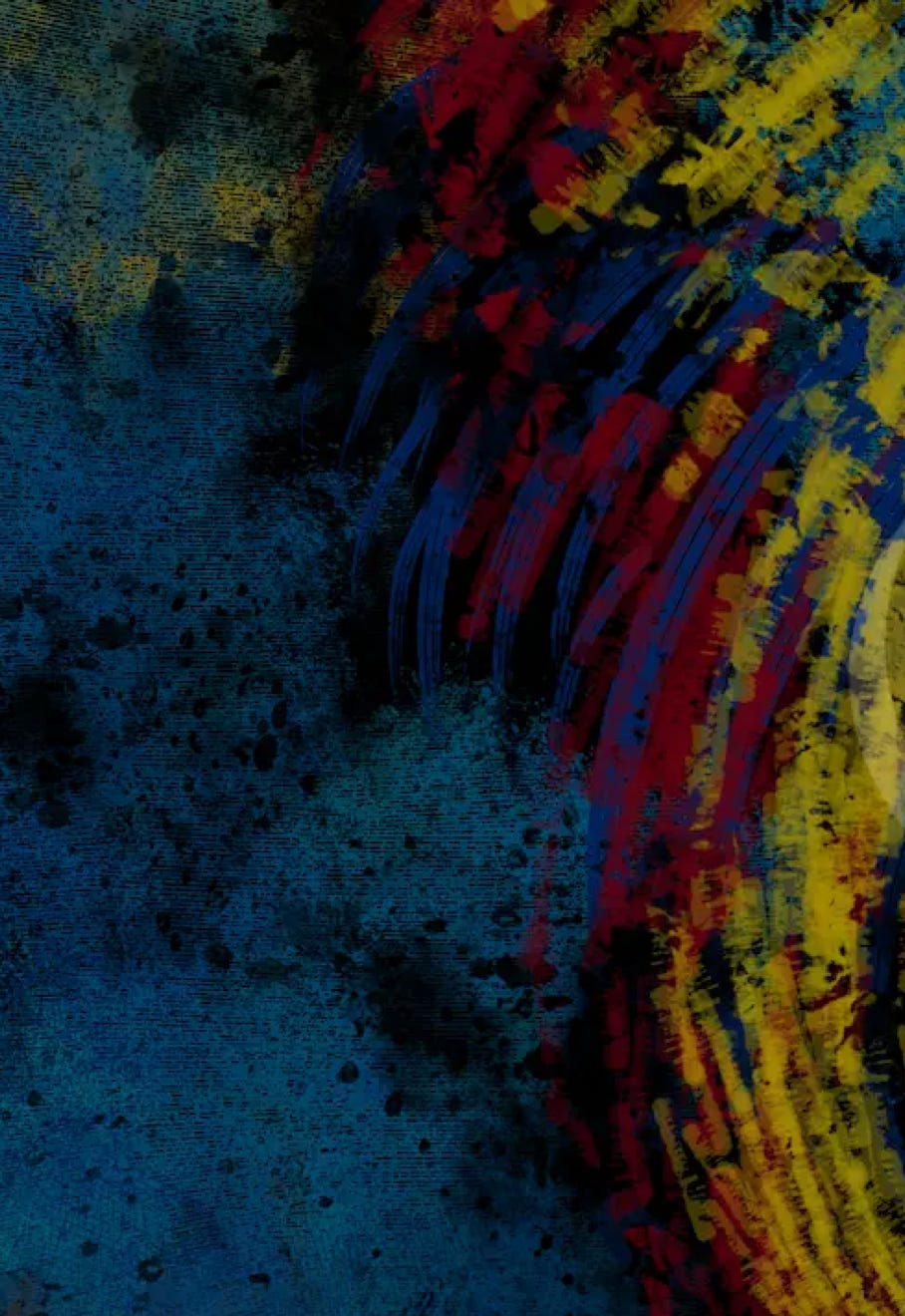 “Twisty” by JJ Ashton - Digital, mixed media, abstract painting in blues, reds, yellow, and black. This one came out as a primary toned, abstract tornado.