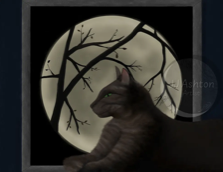 "Remy in Moonlight" by JJ Ashton - Digital, mixed media painting of a smoke tabby cat sitting by a framed painting of bare tree branches and a full moon. 